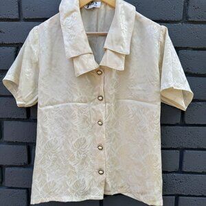 VTG Gales Florida USA Rhinestone Button up Blouse Double Collar Jacquard Satin